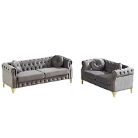 Streamdale Furniture Velvet Chesterfield Sofa with Copper Studs & Tufted Buttons, Metal Legs