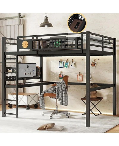 Streamdale Furniture Metal Loft Bed with Desk, Storage, Clock, and Charging Port