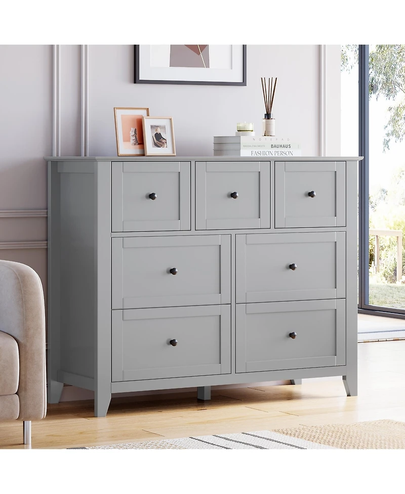 homfan 7-Drawer Farmhouse Dresser, Tall Wood Storage Chest with Deep Drawers and Metal Handles for Multi-Room Use