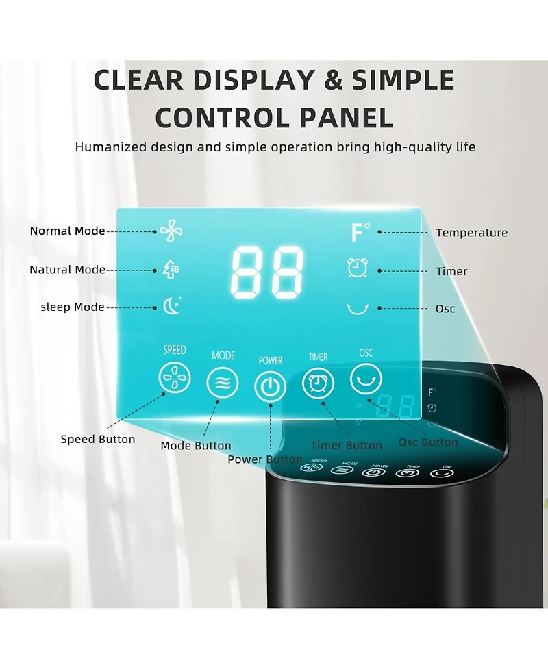 Antarctic Star Oscillating Tower Fan, 5 Speeds with Remote and Led Temperature Display