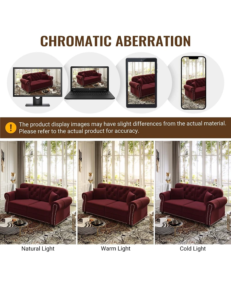 Streamdale Furniture Burgundy Velvet Chesterfield Sofa with Nailhead Trim