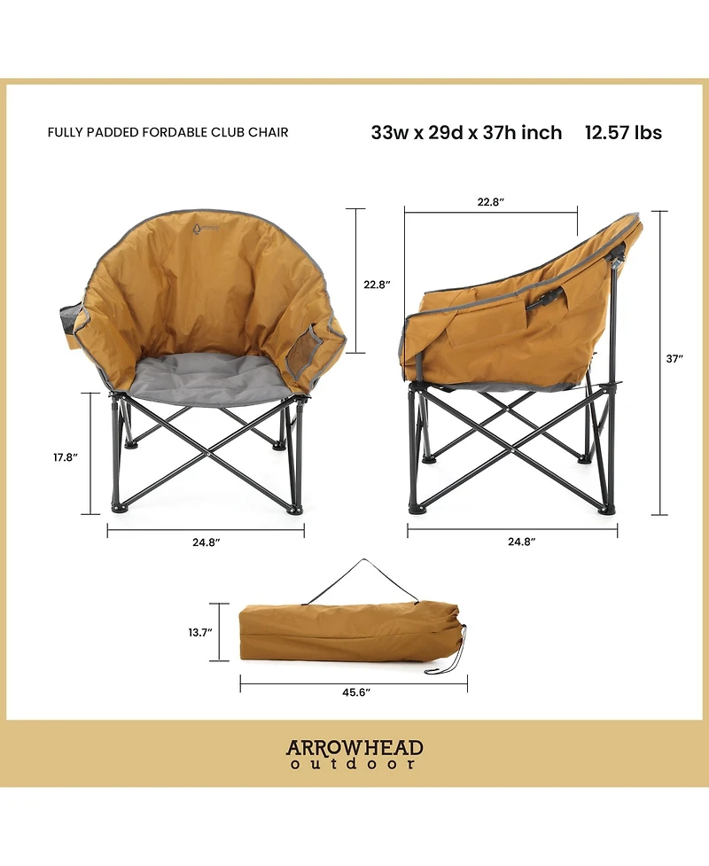 Arrowhead Outdoor 2-Pack Oversized Heavy-Duty Club Folding Padded Moon Camping Chair with Cup Holder and Carrying Bag, Supports 330 lbs