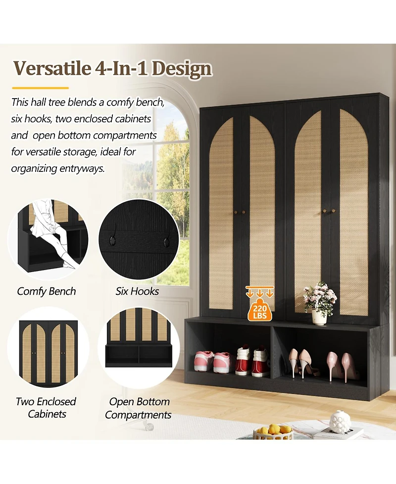 Streamdale Furniture Farmhouse Hall Tree with Rattan Doors and 6 Hooks
