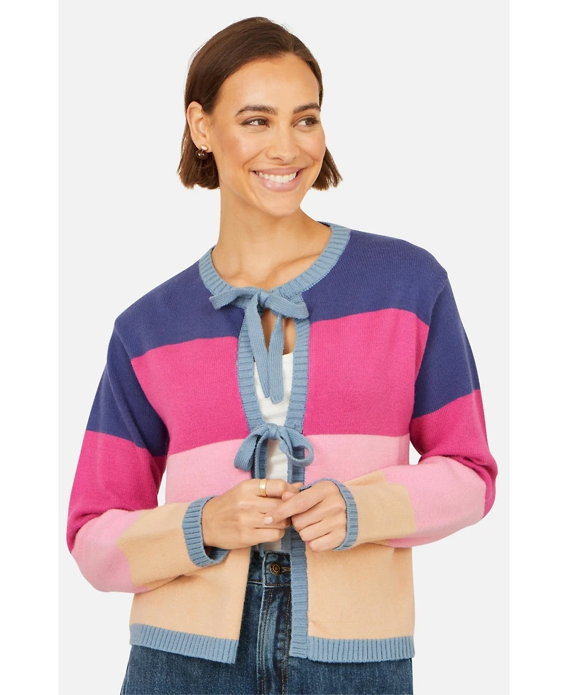Yumi Women's Block Stripe Tie Front Cardigan