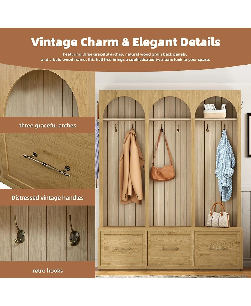 Streamdale Furniture Oak Farmhouse Hall Tree with Bench and Storage