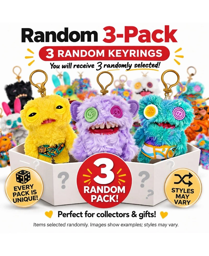 Fuggler Set of 3 Zuru Fuggler Keyring 5 Inch Plush Toy Mystery Random Assortment