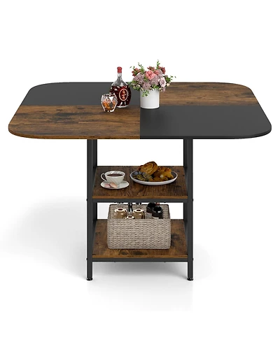 Gymax Square Dining Table w/Double-colored Splice Desktop 2-Tier Storage Shelves