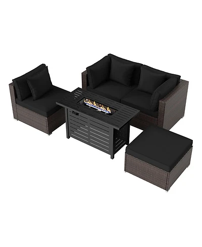 Sugift Heavy-Duty Frame Rattan Sofa Set with 60000 Btu Firepit Table
