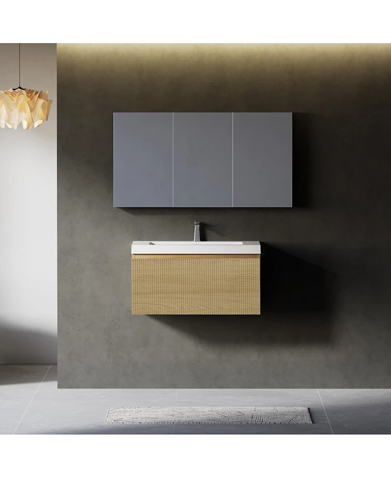 Sillysis Wall Mounted Bathroom Vanity, Glossy Stone Resin Sink, Oak Wave Textured Drawer
