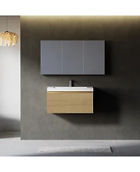 Sillysis Wall Mounted Bathroom Vanity, Glossy Stone Resin Sink, Oak Wave Textured Drawer