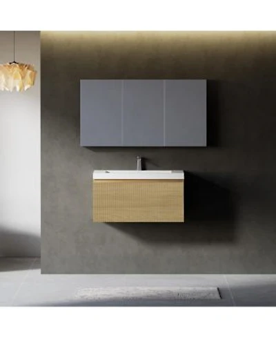 Sillysis Wall Mounted Bathroom Vanity Glossy Stone Resin Sink Oak Wave Textured Drawer Pre Assembled