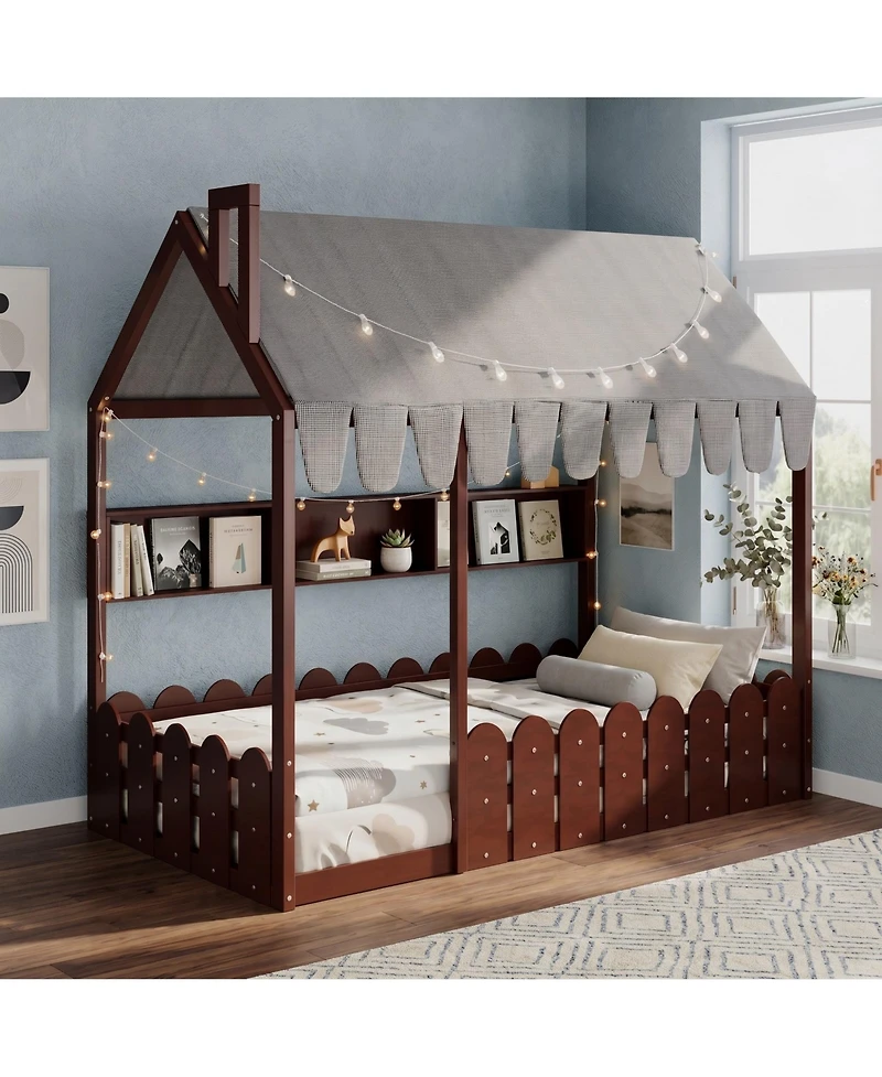 Sailvan Twin Montessori House Bed for Kids, Floor with Fence Railings, Slats not included