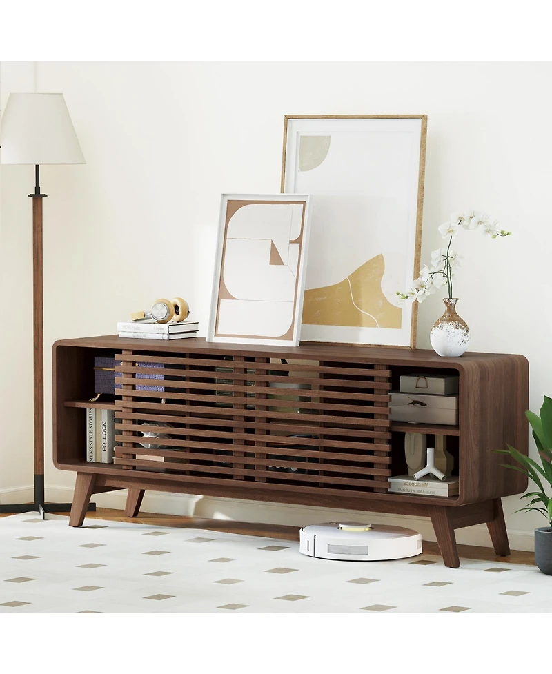 Gymax Tv Stand w/Sliding Doors Adjustable Shelves and Rubber Wood Legs for TVs up to 65''