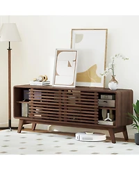 Gymax Tv Stand w/Sliding Doors Adjustable Shelves and Rubber Wood Legs for TVs up to 65''
