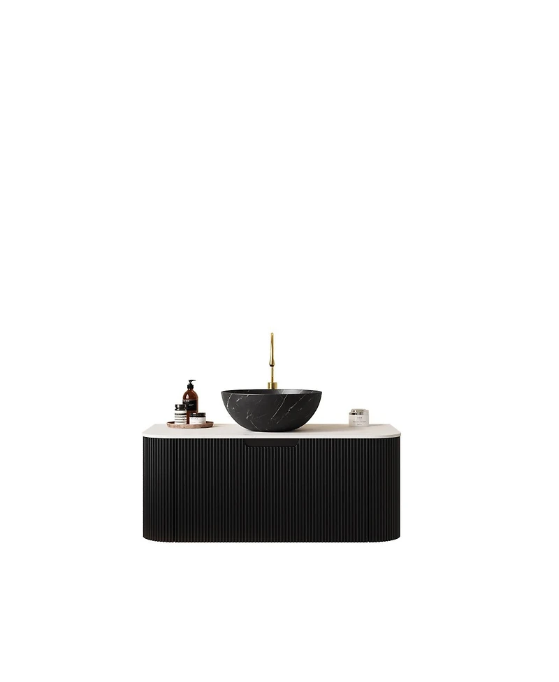 Sillysis Wall Mounted Bathroom Vanity, Carrara Sintered Stone Top , Striped Plywood Cabinet