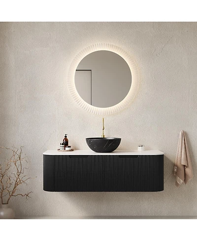 Sillysis Wall Mounted Bathroom Vanity, Carrara Sintered Stone Top , Striped Plywood Cabinet, Pre-assembled