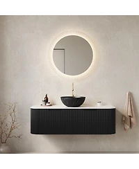 Sillysis Wall Mounted Bathroom Vanity, Carrara Sintered Stone Top , Striped Plywood Cabinet, Pre-assembled