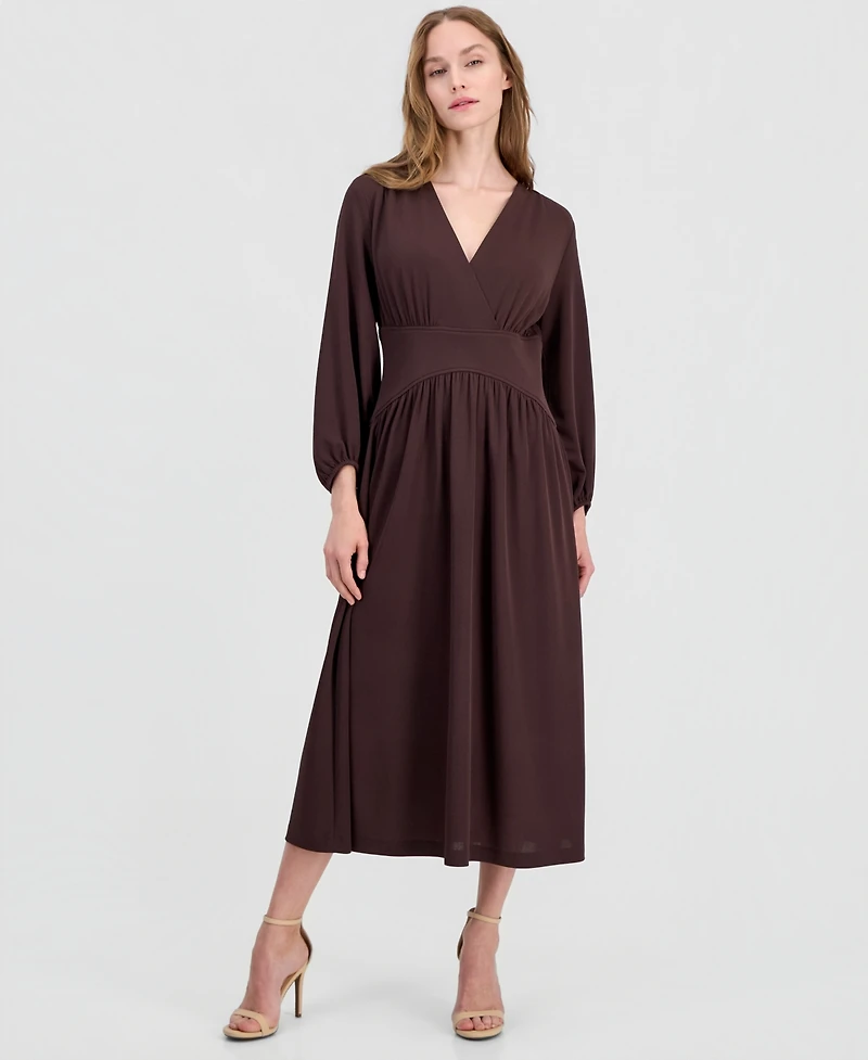 Anne Klein Women's V-Neck Blouson-Sleeve Midi Dress