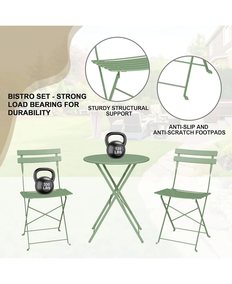 GarveeLife 3-Piece Outdoor Folding Bistro Set with 2 Chairs and Table, Weather-Resistant Steel Patio Furniture for Balcony or Porch