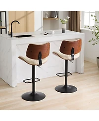 Clihome Walnut Bentwood Bar Stools Mid Century Modern Adjustable Counter Height Black Leather Upholstered 360degree(s)Swivel of 2