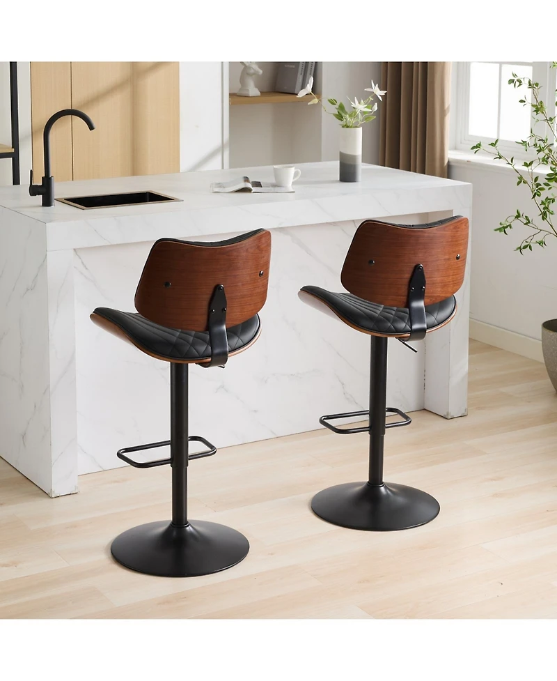 Clihome Walnut Bentwood Bar Stools Mid Century Modern Adjustable Counter Height Black Leather Upholstered 360degree(s)Swivel of 2