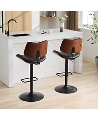 Clihome Walnut Bentwood Bar Stools Mid Century Modern Adjustable Counter Height Black Leather Upholstered 360degree(s)Swivel of 2