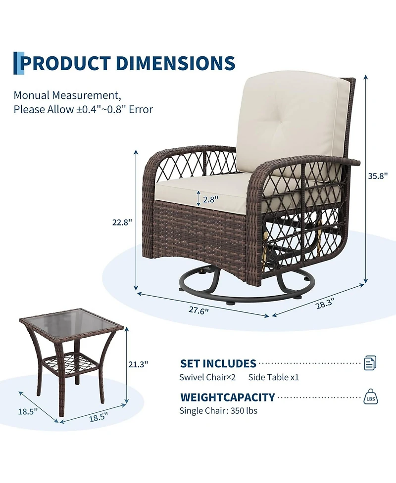 GarveeLife 3-Piece Outdoor Swivel Rocking Chair Set with Cushions and Glass Coffee Table, Wicker Patio Bistro for Porch or Garden