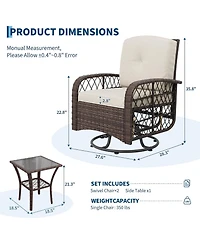 GarveeLife 3-Piece Outdoor Swivel Rocking Chair Set with Cushions and Glass Coffee Table, Wicker Patio Bistro for Porch or Garden