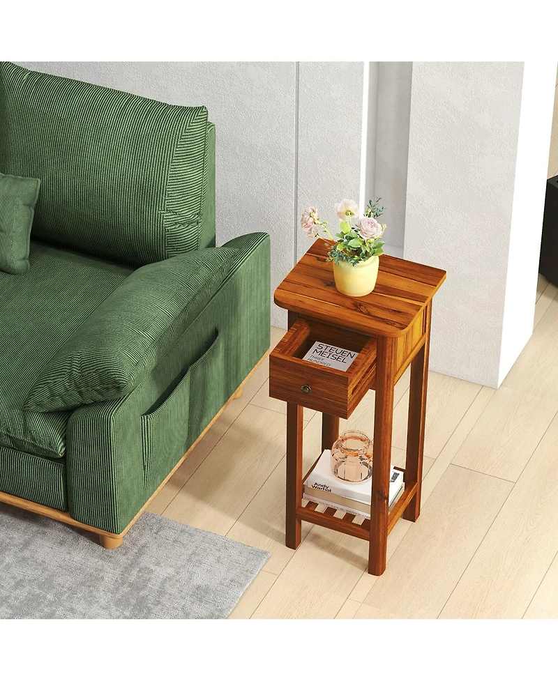 Gymax Solid Wood Side Table Home Rectangular Sofa Side Table w/ Acacia Wood Top Telephone Table