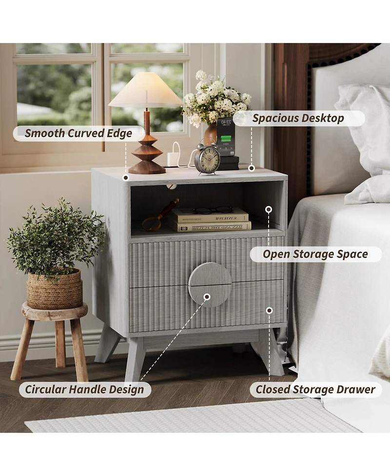 homfan Modern Fluted Bedside Tables, Charging Station with Usb Ports and Power Outlets, 2 Drawers Open Shelf, End Table for Bedroom Living Room