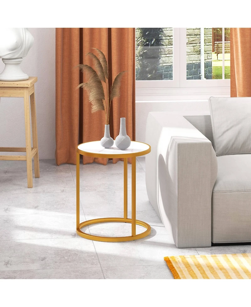 Gymax Sintered Stone Top Round Side Table 16''x16'' End Table with Golden Metal Frame