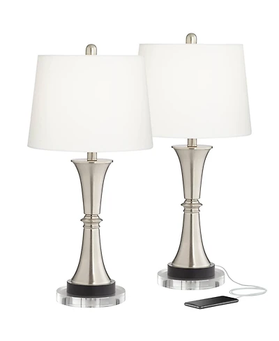 360 Lighting Seymore Modern Table Lamps Set of 2 with Round Risers 27" Tall Brushed Nickel Usb Charging Port White Drum Shade for Living Room Desk