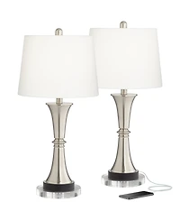 360 Lighting Seymore Modern Table Lamps Set of 2 with Round Risers 27" Tall Brushed Nickel Usb Charging Port White Drum Shade for Living Room Desk