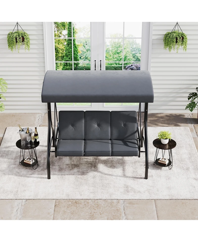 GarveeLife 3-Seat Outdoor Patio Swing Chair with Adjustable Canopy and Reclining Backrest Heavy Duty Metal Frame