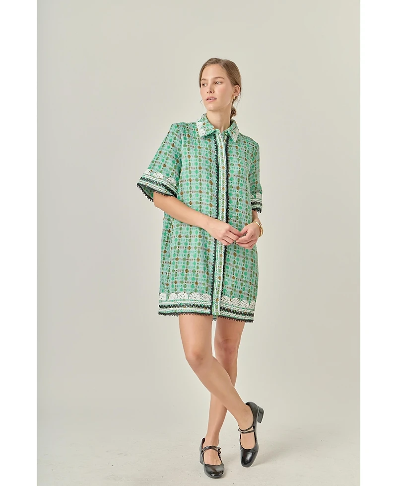 English Factory Women's Boucle Mini Shirt Dress with Ric Rac Trim