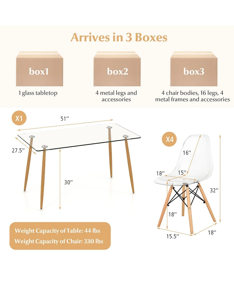Gymax Modern 5-Piece Dining Table Set w/ Rectangle Glass Table and 4 Transparent Chairs