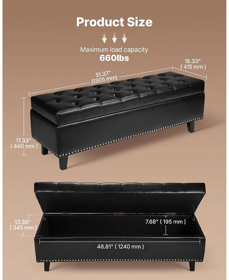 Sugift Button-Tufted Storage Ottoman Bench, Pu Leather, Solid Wood Legs