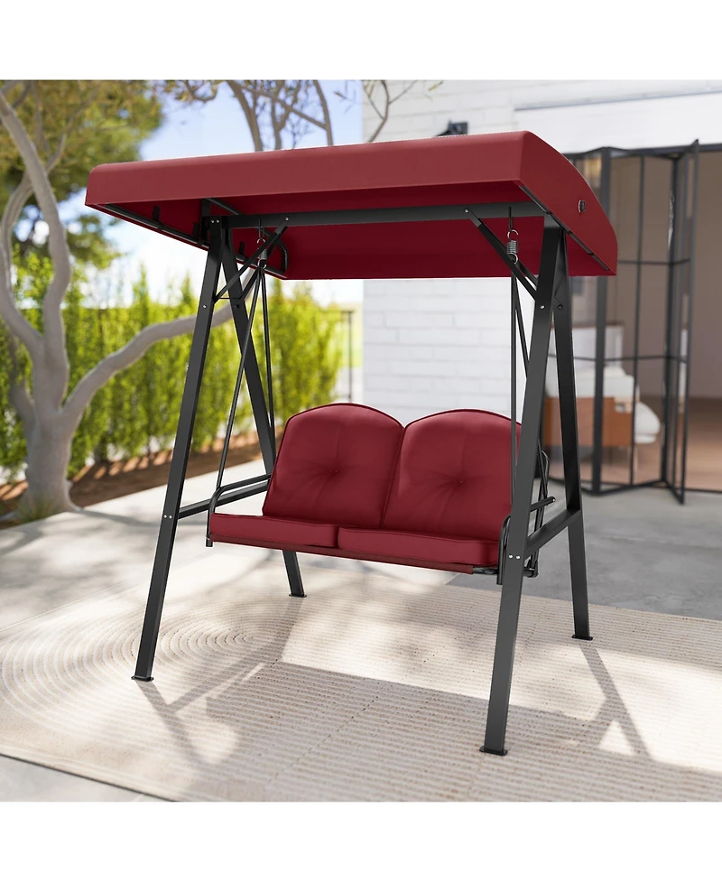 Sugift 2-Person Outdoor Porch Swing with A-Shaped Metal Stand and Adjustable Canopy