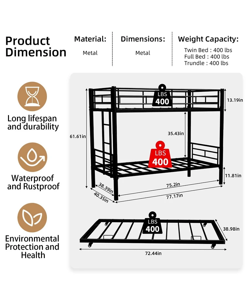 Rainsken Metal Twin Over Twin Bunk Bed with Trundle, Sturdy Heavy Duty Bunk Bed, with Ladders and Safety Guardrail, Noise Reduced,No Box Spring Needed