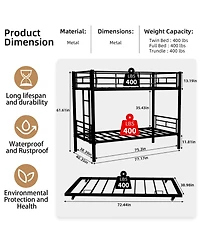 Rainsken Metal Twin Over Twin Bunk Bed with Trundle, Sturdy Heavy Duty Bunk Bed, with Ladders and Safety Guardrail, Noise Reduced,No Box Spring Needed
