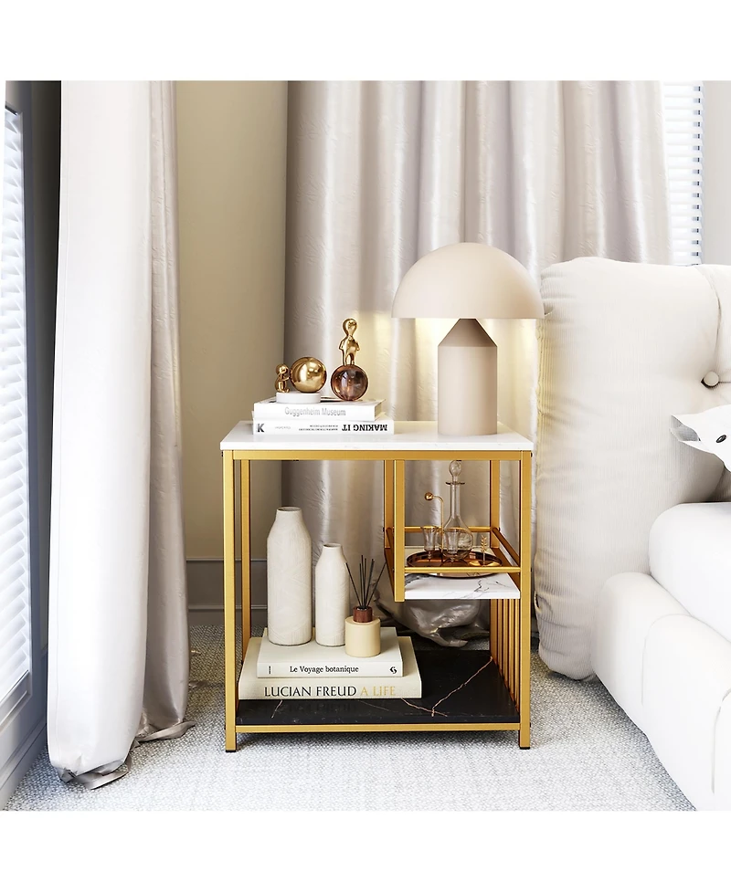 Gymax End Table 3-Tier Faux Marble Side Table Storage Shelves Luxury Rectangular Sofa Side Table