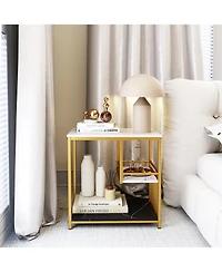 Gymax End Table 3-Tier Faux Marble Side Table Storage Shelves Luxury Rectangular Sofa Side Table