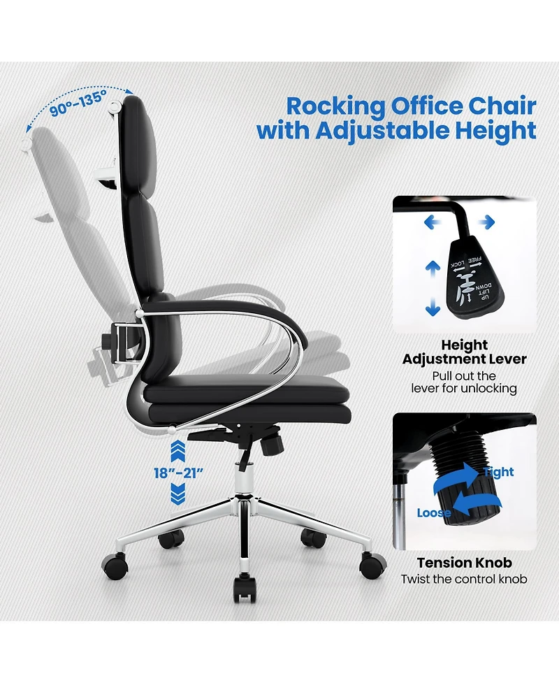 Slickblue Adjustable Height Ergonomic Leather Office Chair with Rocking Feature for Work and Study