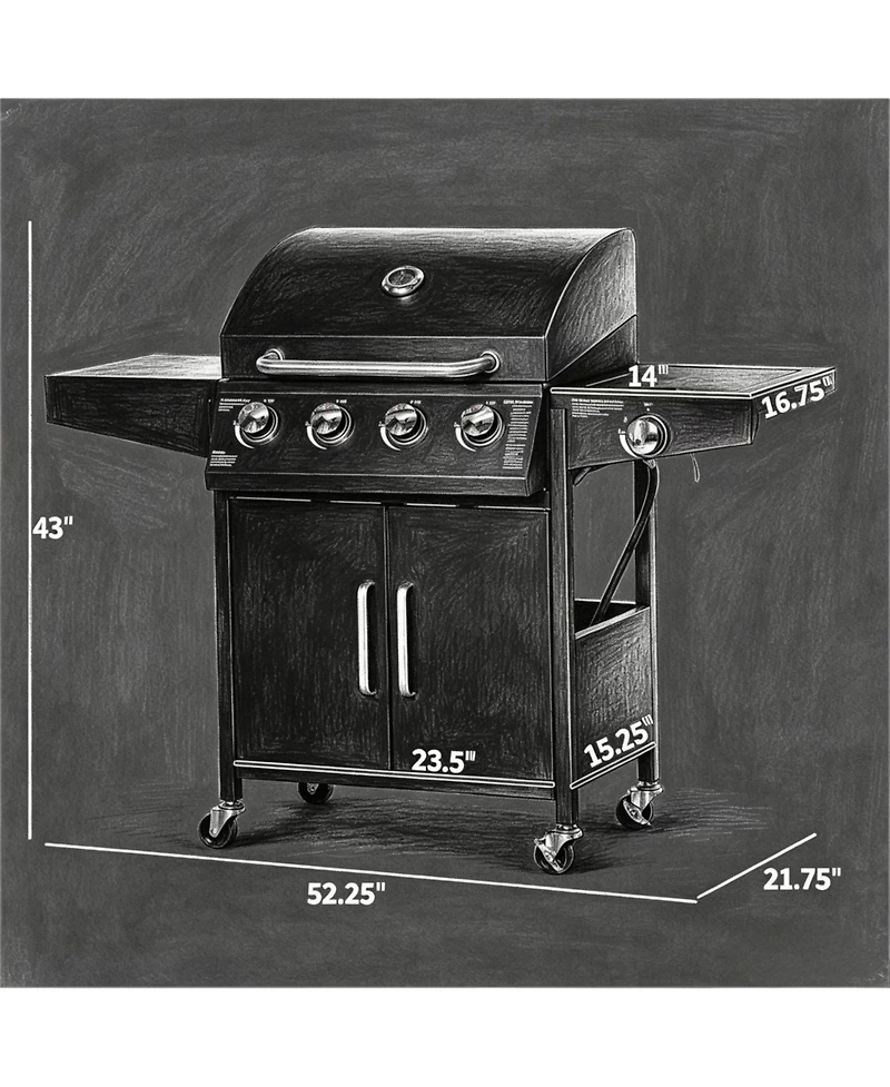 Yiortwo 4+1 Burner Liquid Propane Gas Grill with Side Burner, Wheels and Storage Cabinet