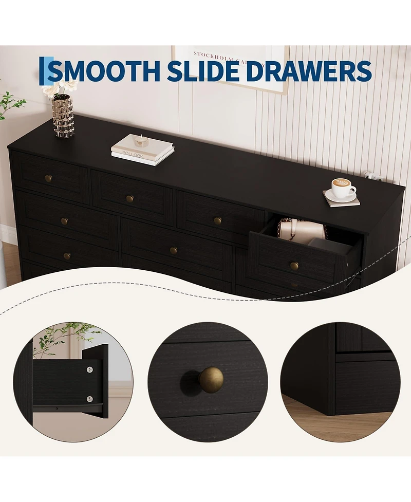 gaomon 12 Drawer Wide Wood Dresser for Bedroom, 65" Tv Stand Storage Cabinet Clothes Organizer Living Room