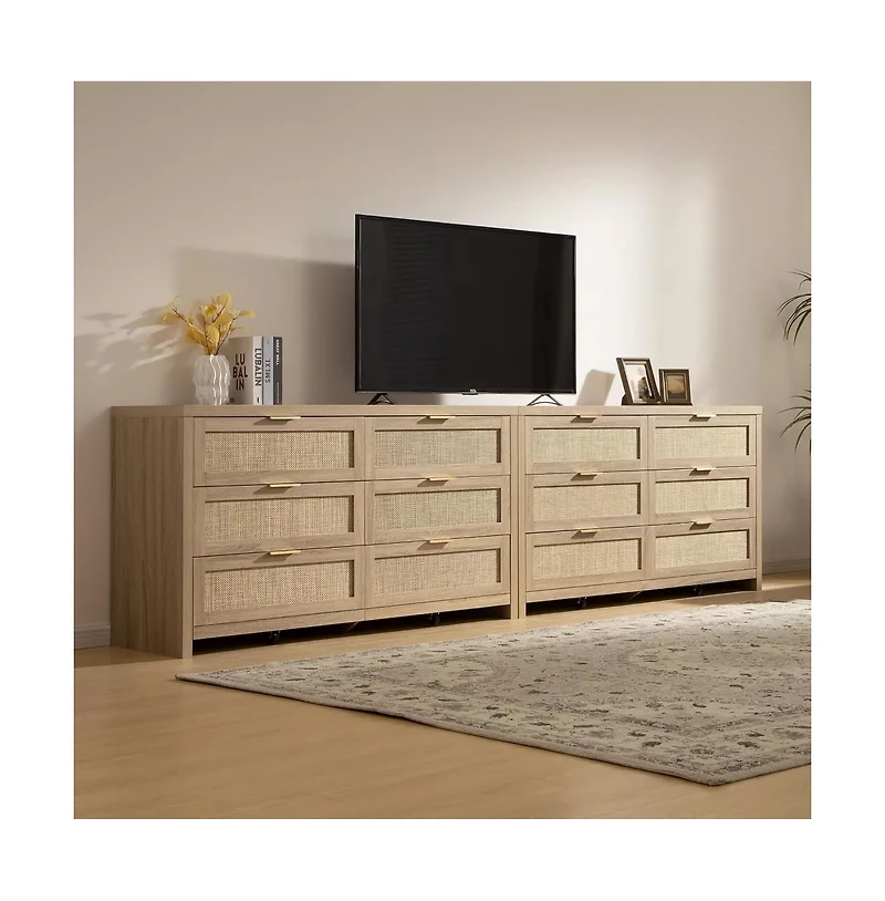 gaomon Rattan 6 Drawer Dresser, 57" Wide Boho Wooden Storage Chest, Tv Stand for Bedroom or Living Room