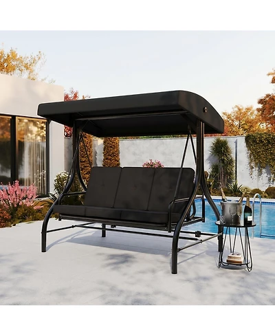 GarveeLife 3-Seat Outdoor Patio Swing Chair with Adjustable Canopy and Reclining Backrest Heavy Duty Metal Frame Thick Resistant