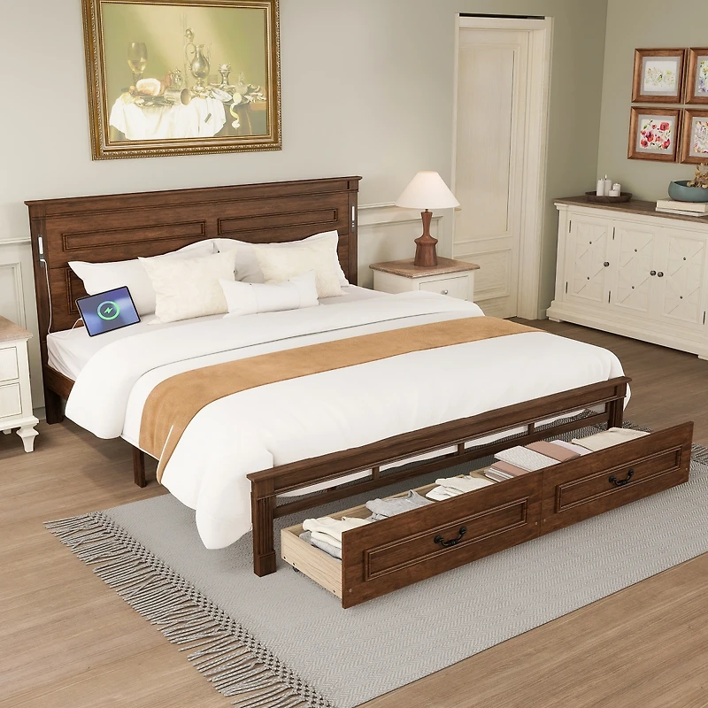Streamdale Furniture Led Storage Bed with Usb, Pinewood Frame