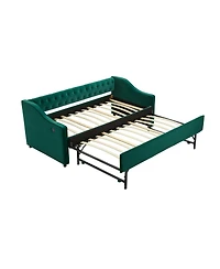 Streamdale Furniture Twin Upholstered Daybed with Trundle, Usb, Pockets, Velvet, Button Tufted