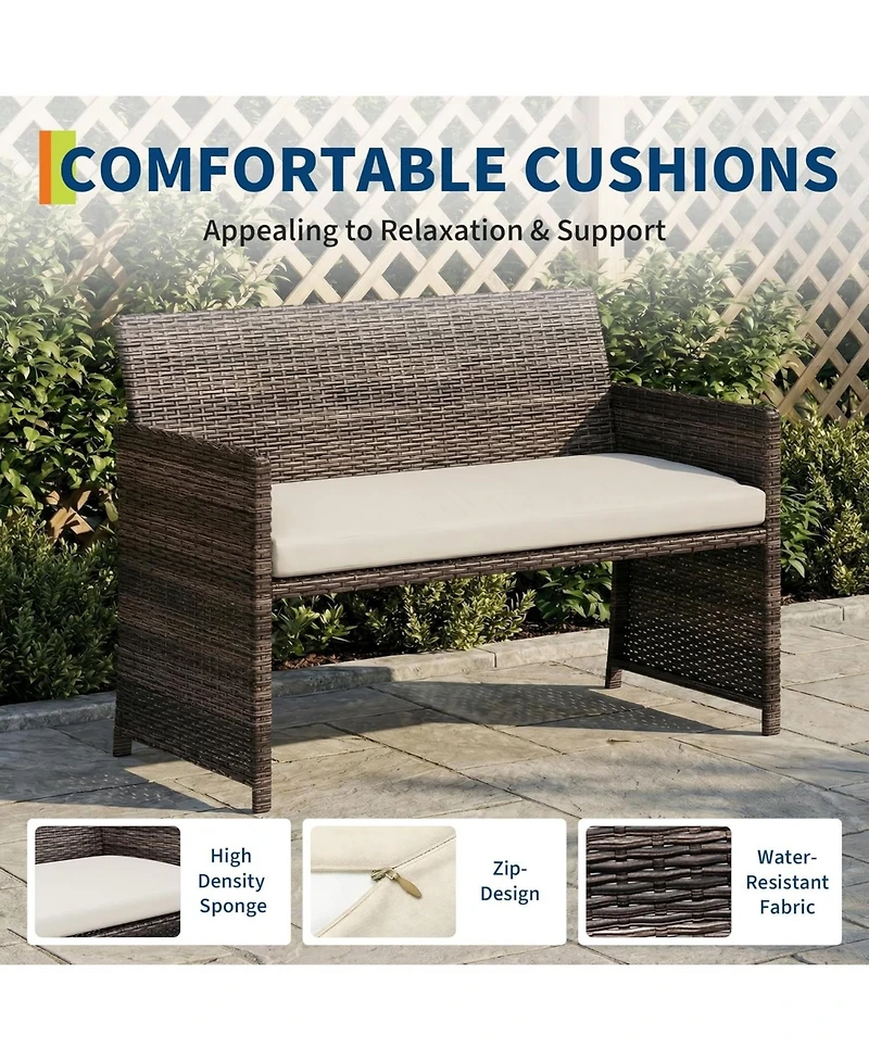 GarveeLife 4-Piece Outdoor Patio Furniture Set, Pe Rattan Conversation Set with Loveseat, 2 Chairs and Tempered Glass Coffee Table